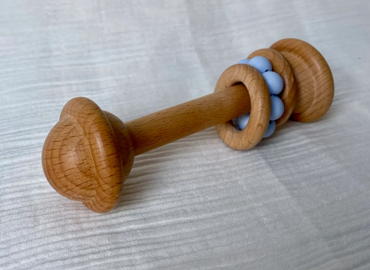 Large Wooden Two Ring Blue Silicone Rattle