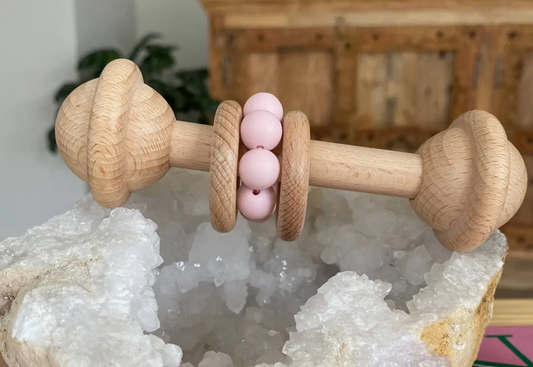Large Wooden Two Ring Pink Silicone Rattle